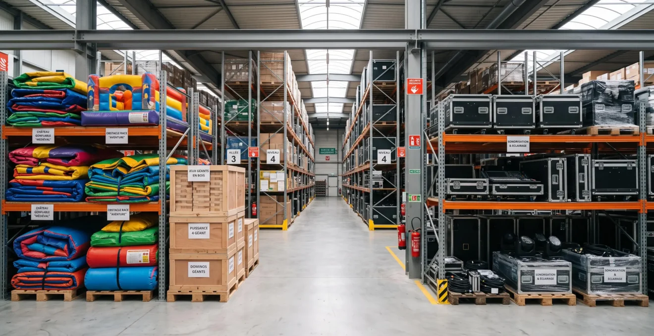 Intérieur d'un entrepôt de stockage de matériel événementiel avec structures gonflables, jeux en bois et équipements de sonorisation organisés sur étagères industrielles