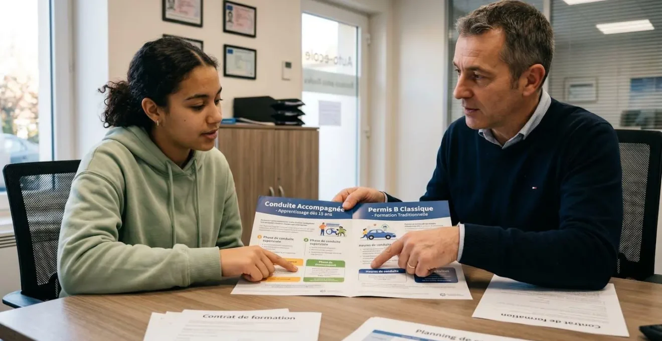 Moniteur d'auto-école expliquant les différentes formules de permis à un jeune candidat dans un bureau pédagogique