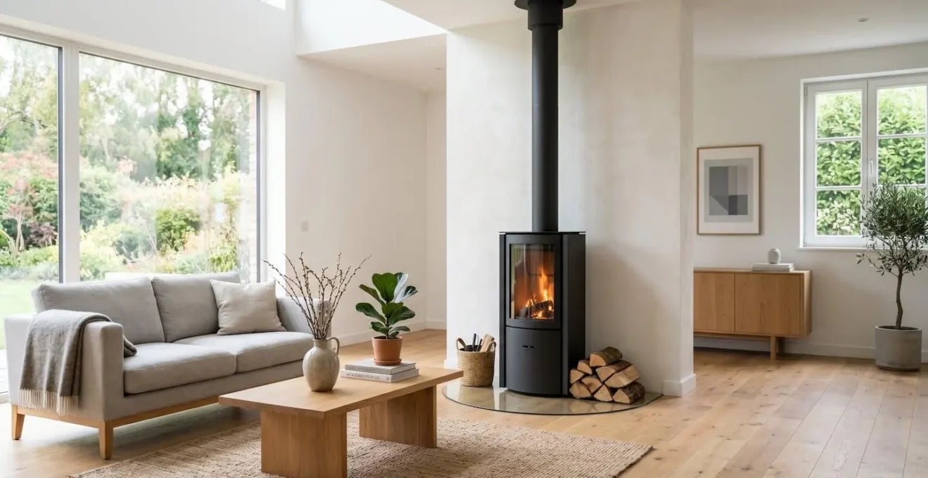 Salon contemporain français avec poêle à bois design noir mat installé comme point focal, mobilier moderne aux lignes épurées, lumière naturelle par baie vitrée, parquet clair et décor sobre