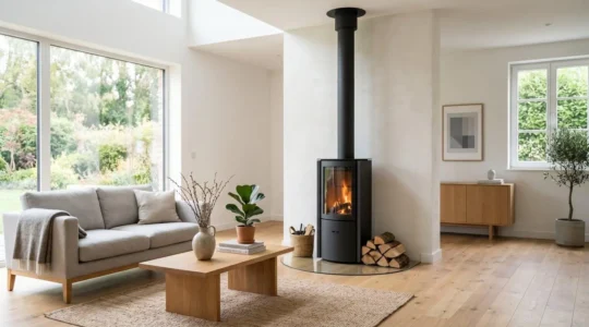 Salon contemporain français avec poêle à bois design noir mat installé comme point focal, mobilier moderne aux lignes épurées, lumière naturelle par baie vitrée, parquet clair et décor sobre