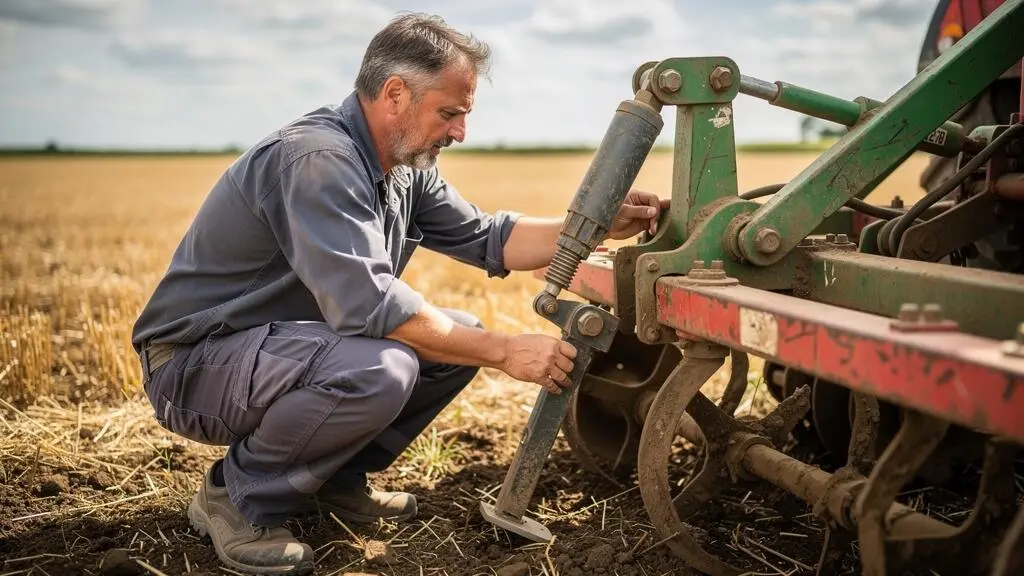 Agriculteur vérifiant les réglages de profondeur d'un déchaumeur au bord d'un champ de chaumes