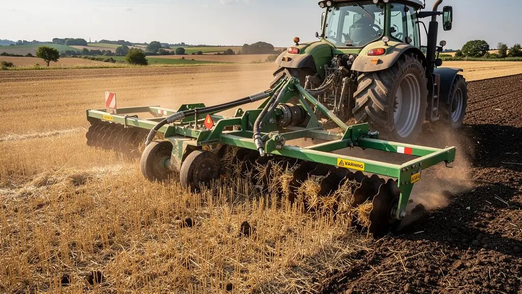 Déchaumeur à disques travaillant un champ de chaumes après la moisson dans la campagne française