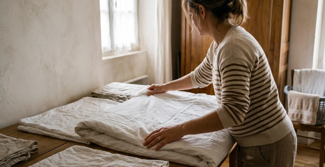 Mains pliant une housse de couette en coton dans un intérieur domestique