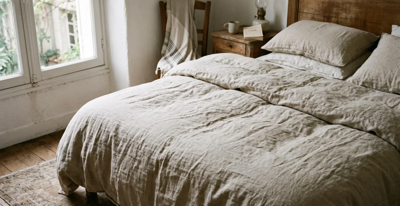 Housse de couette en lin naturel sur un lit, montrant la texture caractéristique et les plis du tissu
