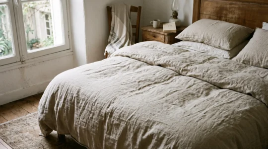 Housse de couette en lin naturel sur un lit, montrant la texture caractéristique et les plis du tissu