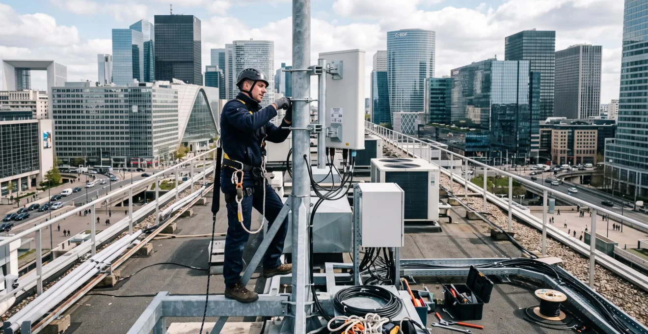 Technicien télécoms installant une antenne 4G/5G professionnelle sur le toit d'un immeuble d'entreprise