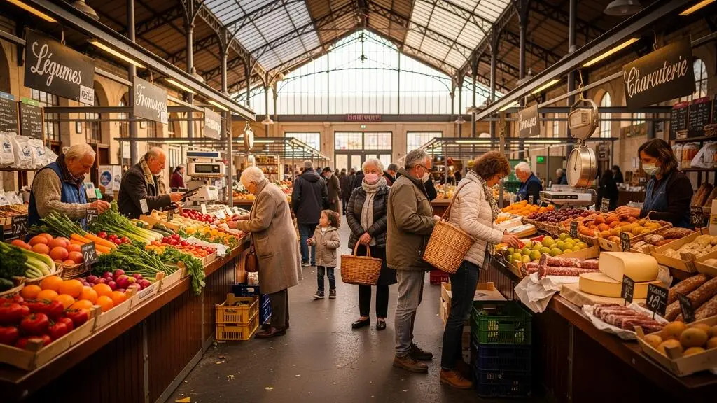 Marché couvert de Brive-la-Gaillarde avec habitants faisant leurs courses auprès des commerçants locaux sous la halle