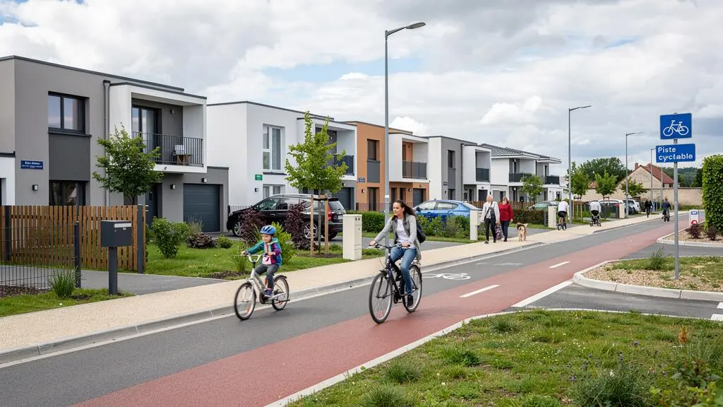 Quartier résidentiel contemporain à Brive-la-Gaillarde avec maisons modernes et piste cyclable où un parent et enfant circulent à vélo