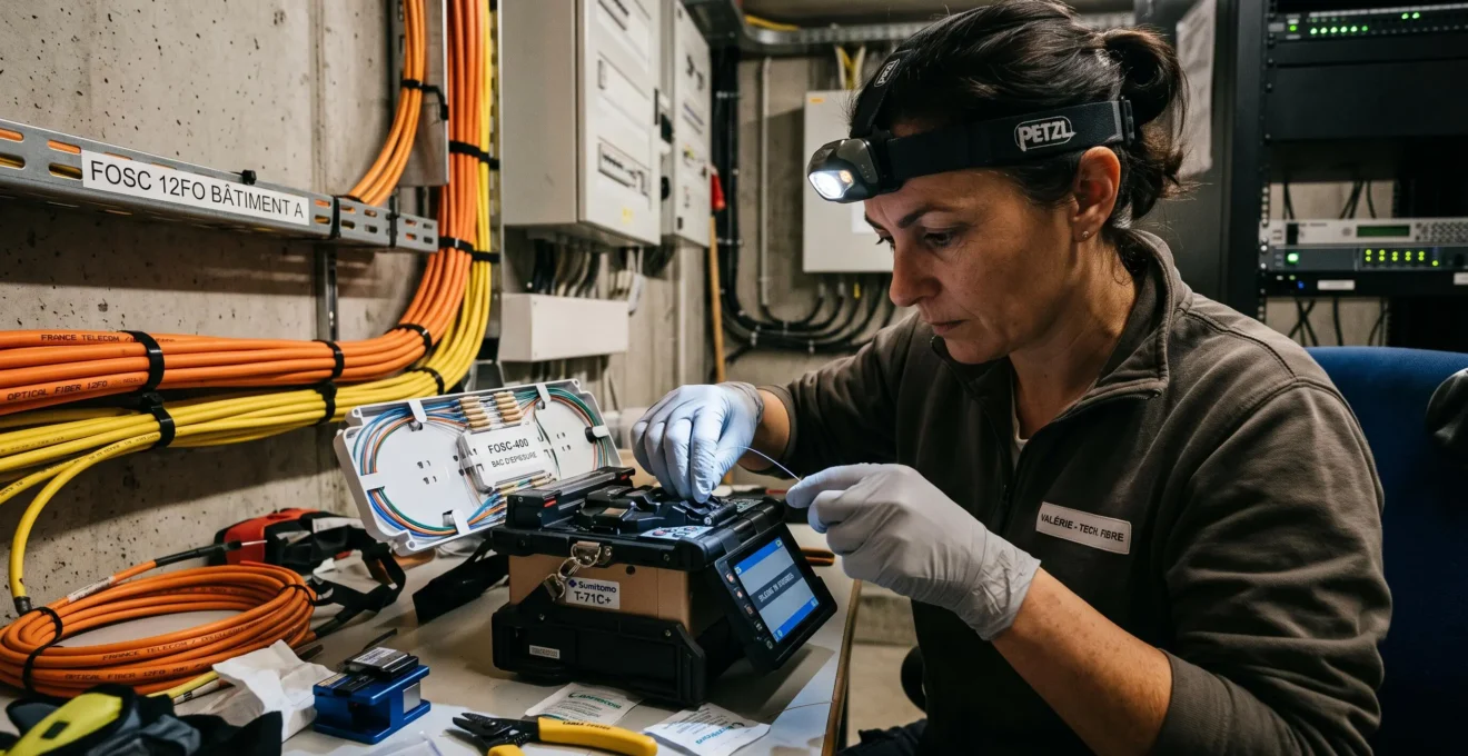 Technicien fibre optique effectuant un raccordement professionnel au point d'entrée d'un bâtiment d'entreprise
