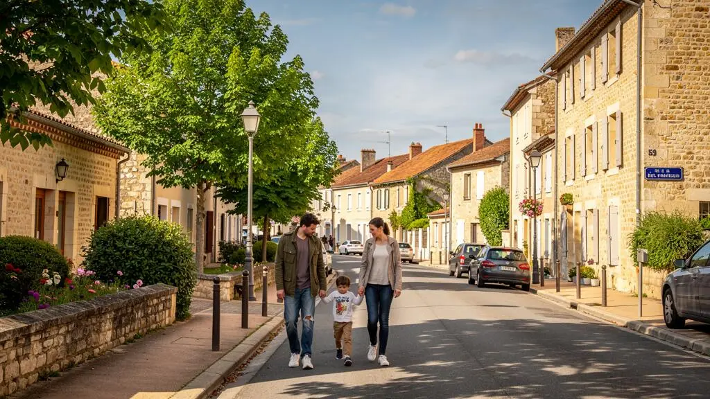 Rue résidentielle paisible à Brive-la-Gaillarde avec maisons en pierre typiques et famille se promenant sur le trottoir