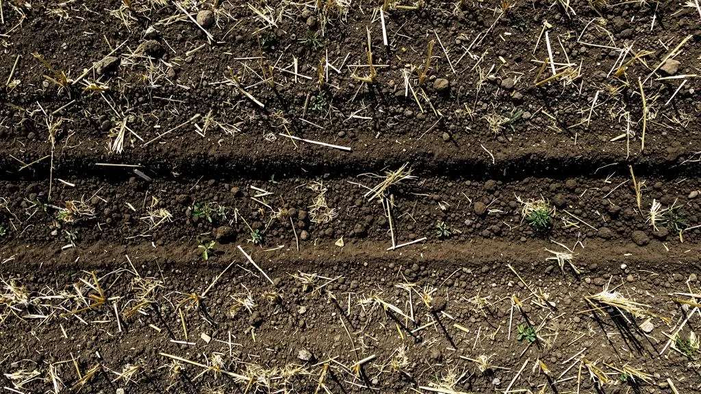 Vue détaillée du sol après passage du déchaumeur montrant le mélange de terre et de résidus de culture