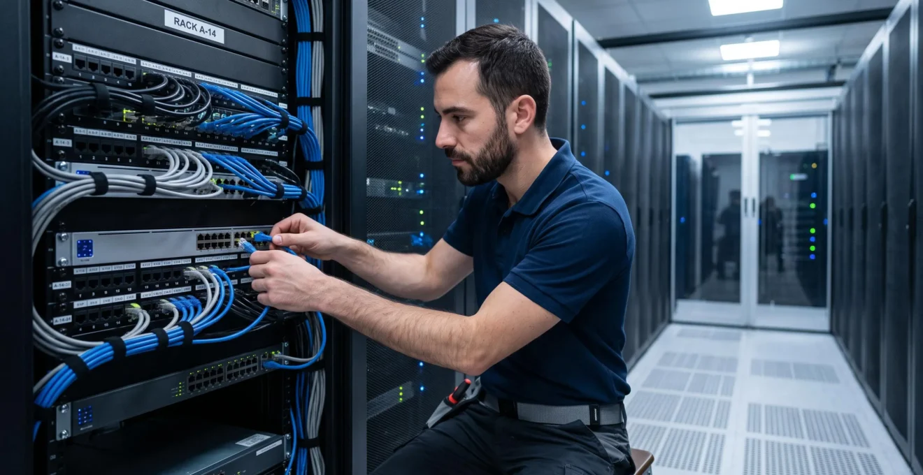 Technicien réseau travaillant sur une baie de serveurs dans un datacenter, vérifiant les équipements réseau et le câblage structuré