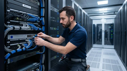 Technicien réseau travaillant sur une baie de serveurs dans un datacenter, vérifiant les équipements réseau et le câblage structuré