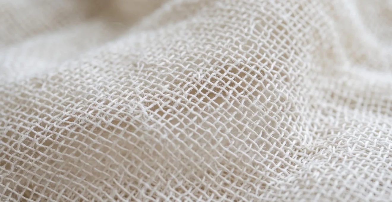 Gros plan sur la texture d'un tissu en gaze de coton, révélant la structure du tissage