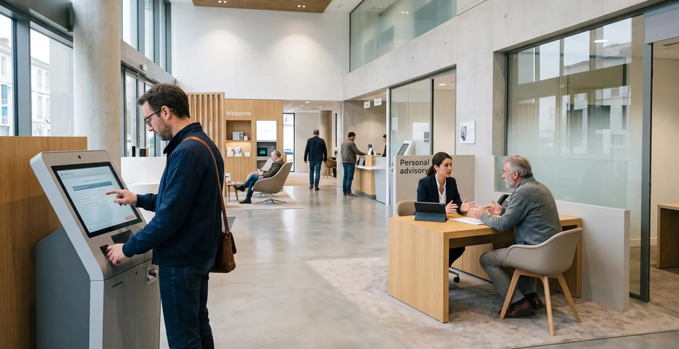Intérieur d'agence bancaire moderne montrant des espaces digitaux en libre-service et des zones de conseil avec présence humaine