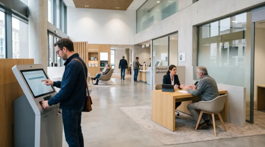 Intérieur d'agence bancaire moderne montrant des espaces digitaux en libre-service et des zones de conseil avec présence humaine