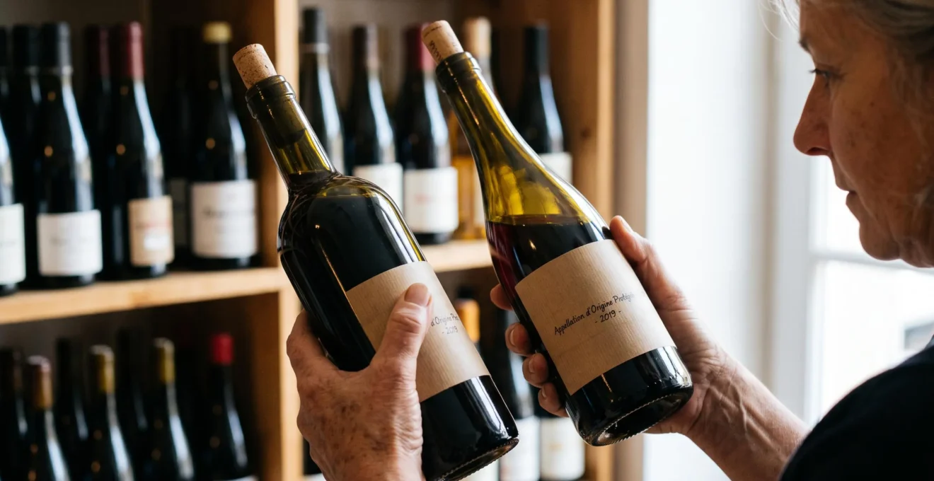 Mains d'un caviste comparant deux bouteilles de vin devant une étagère de sa boutique.