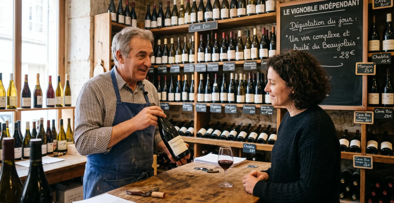 Un caviste présente une bouteille de vin à une cliente au comptoir de dégustation de sa boutique, entouré d'étagères de bouteilles.