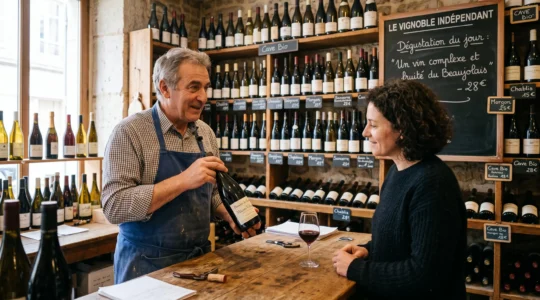 Un caviste présente une bouteille de vin à une cliente au comptoir de dégustation de sa boutique, entouré d'étagères de bouteilles.