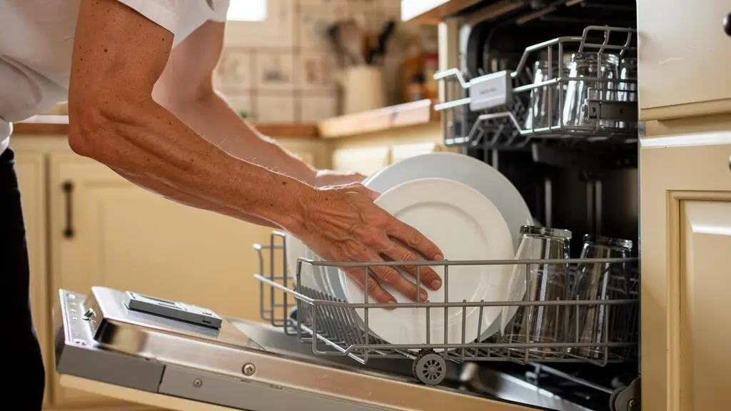 Personne chargeant de la vaisselle blanche dans le panier d'un lave-vaisselle ouvert dans une cuisine
