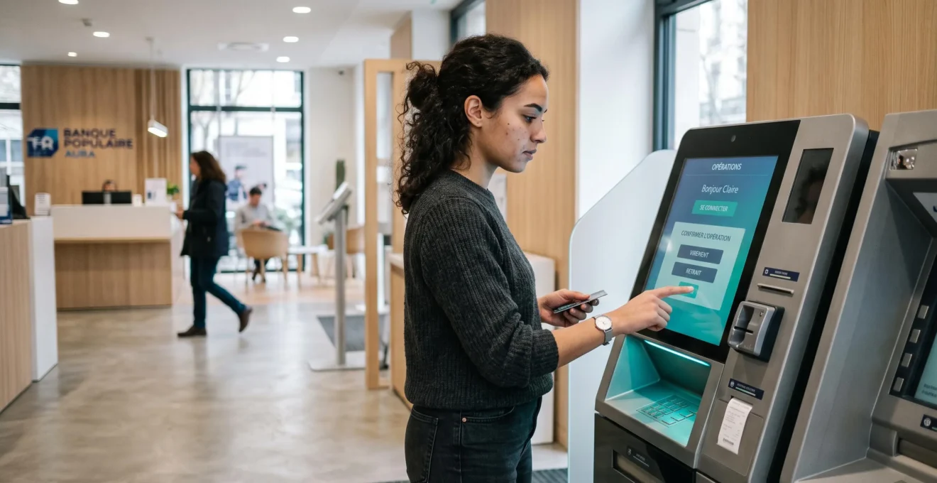 Client utilisant une borne interactive digitale dans une agence bancaire moderne