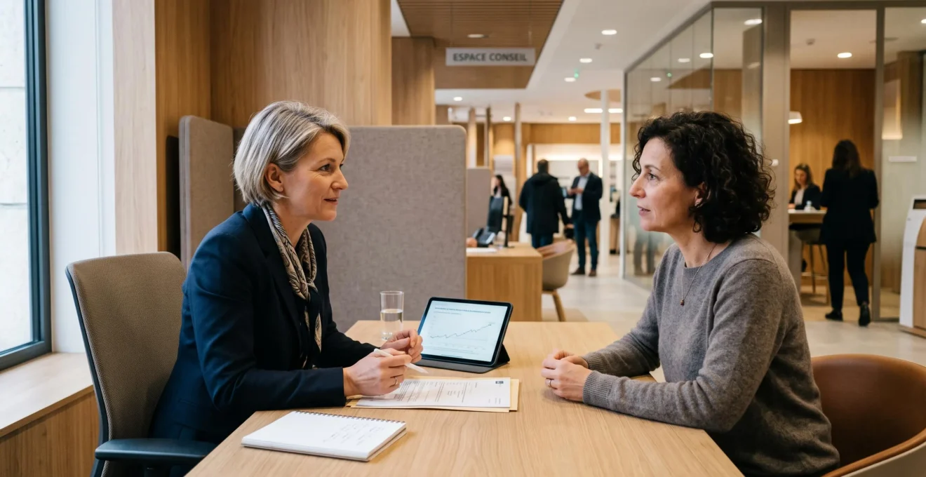 Conseiller bancaire en discussion avec un client lors d'un entretien personnalisé dans une agence moderne