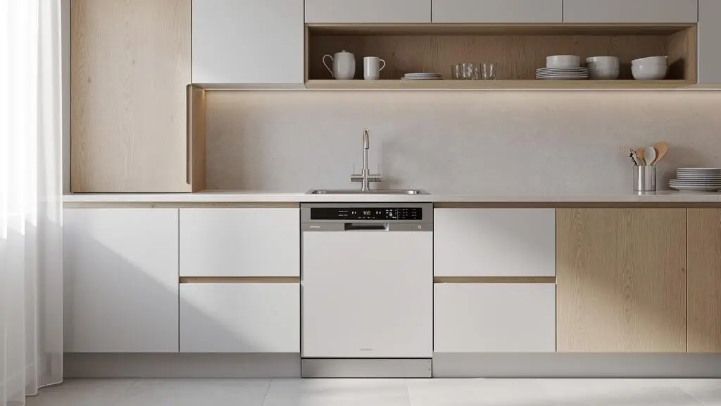 Cuisine moderne équipée française avec lave-vaisselle encastrable intégré dans des meubles blancs et bois clair