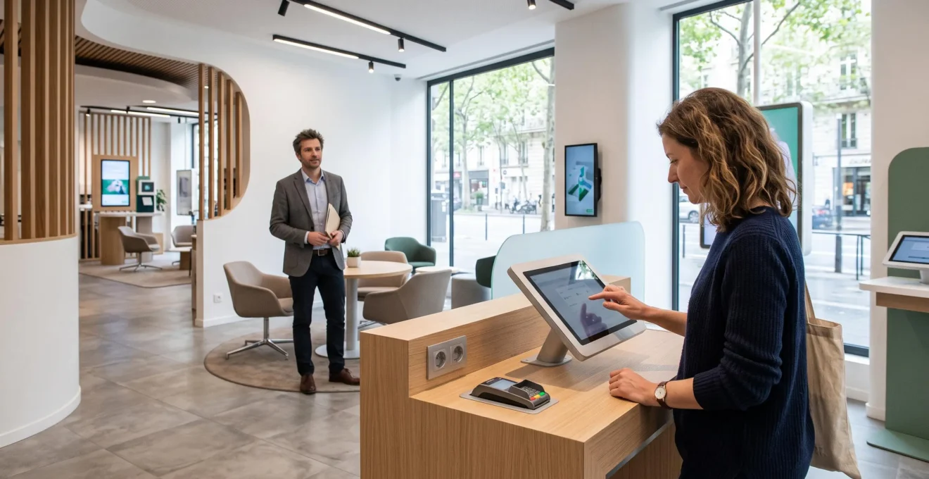 Espace bancaire hybride combinant zone digitale en libre-service et présence d'un conseiller accessible