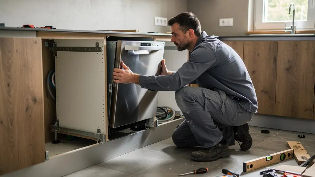 Installateur professionnel positionnant un lave-vaisselle encastrable dans un caisson de cuisine lors de l'installation