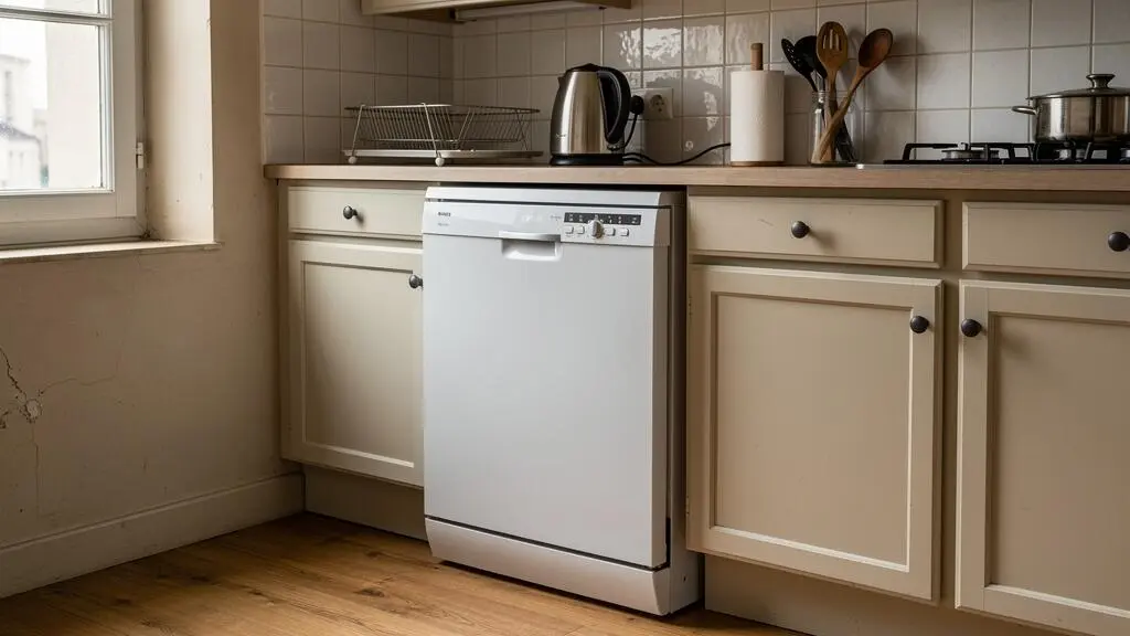 Lave-vaisselle pose libre blanc autonome positionné dans une cuisine française typique