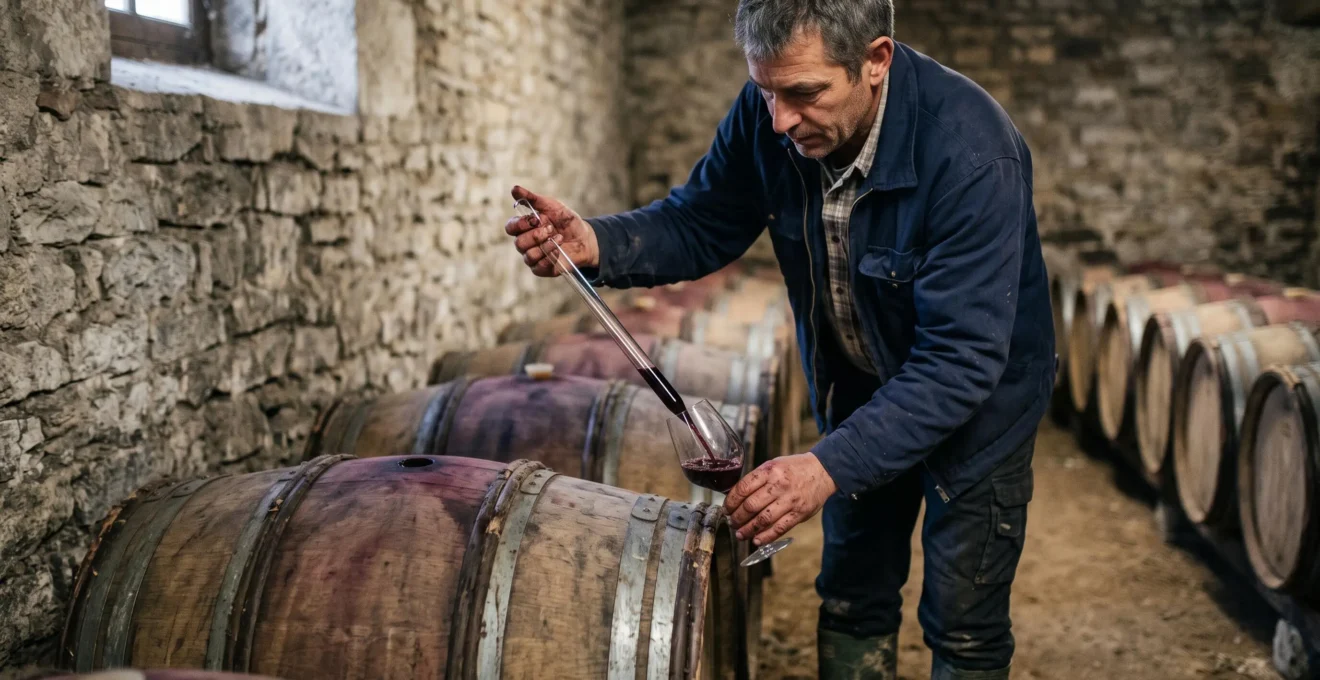 Un vigneron prélève un échantillon de vin rouge d'un fût de chêne avec une pipette dans sa cave en pierre.
